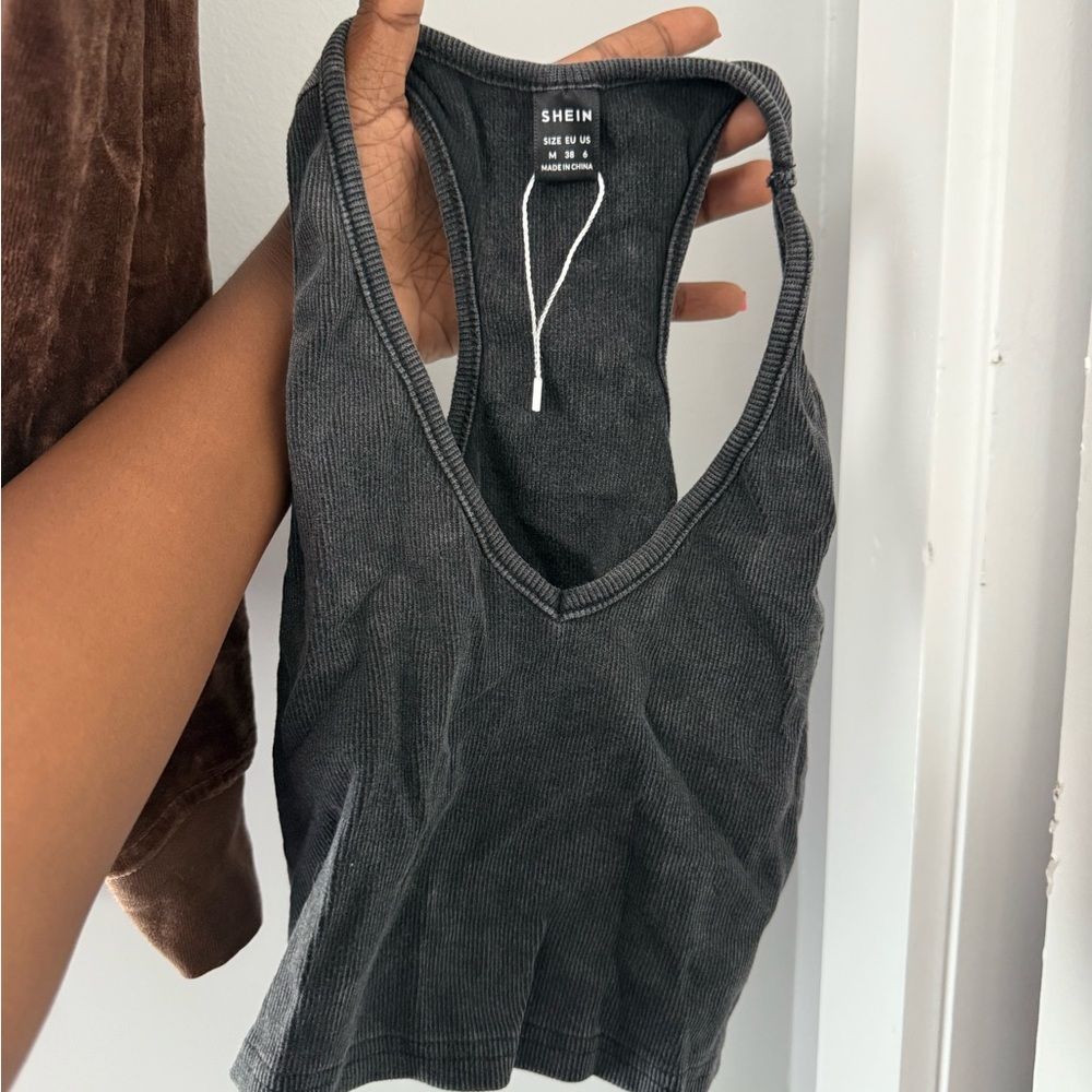 SHEIN Charcoal Ribbed V-Neck Tank Top